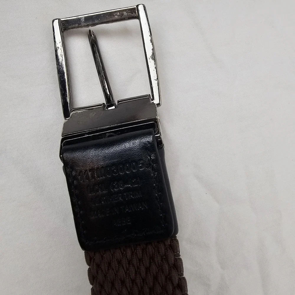 TOMMY BAHAMA Mens L XL Braided Cotton Woven Black Leather Trim Belt Silver Work